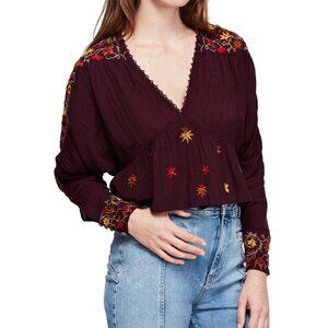 FREE PEOPLE AVA EMBROIDERED BLOUSE DARK BROWN